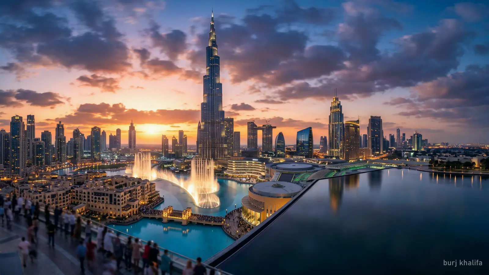 The Burj Khalifa rising above Downtown Dubai at blue hour, the Dubai Fountain lake in the foreground, city lights coming on (generated illustration)
